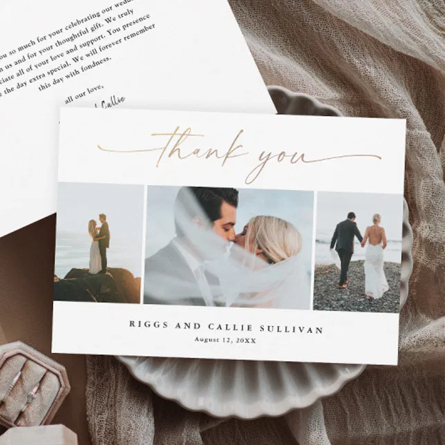 Elegant Handwritten Gold Script Wedding Photo Thank You Card | Zazzle