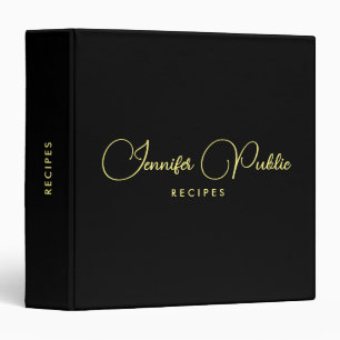 Elegant Handwritten Name Black Gold Recipe Book 3 Ring Binder