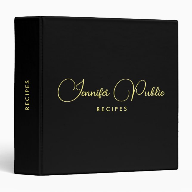 Elegant Handwritten Name Black Gold Recipe Book 3 Ring Binder (Front/Spine)