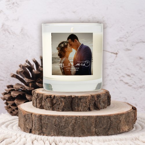 Elegant Handwritten Script Mr and Mrs Hearts Scented Candle
