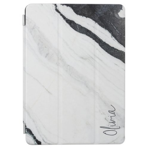 Elegant Handwritten Script Name Black White Marble iPad Air Cover