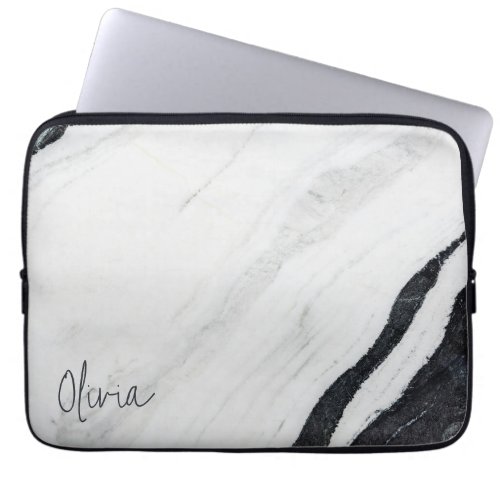 Elegant Handwritten Script Name Black White Marble Laptop Sleeve