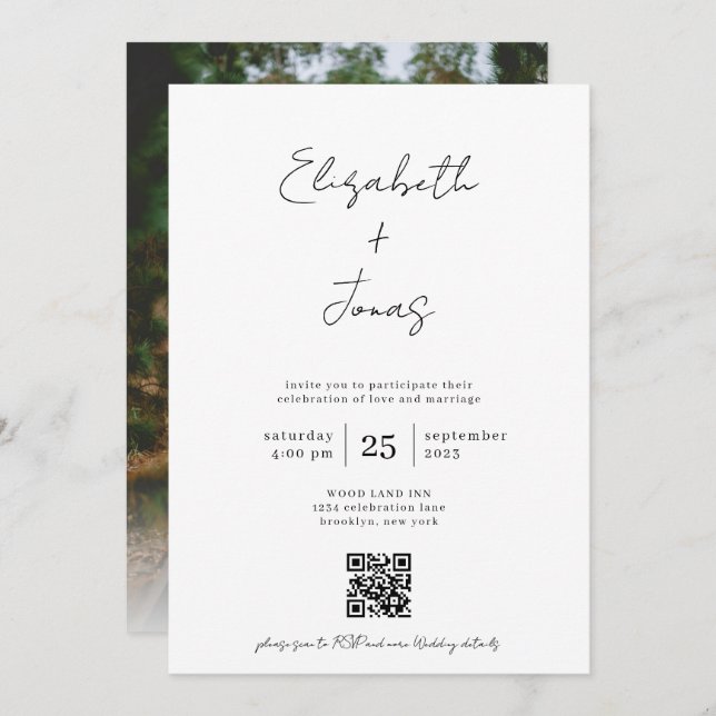 Elegant Handwritten Script Photo QR Code Wedding Invitation (Front/Back)