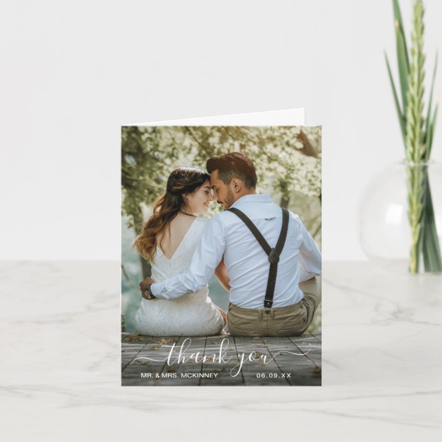 Elegant Handwritten Script Simple Photo Wedding Thank You Card (Front)