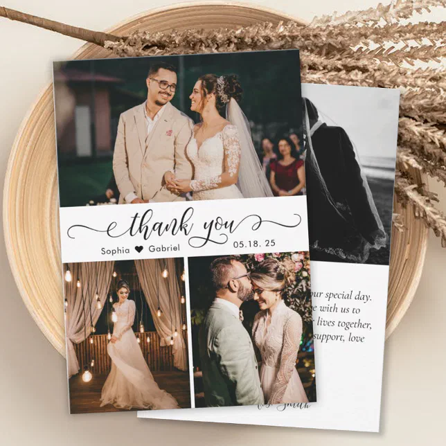 Elegant Handwritten Script Wedding Photo Collage Thank You Card | Zazzle