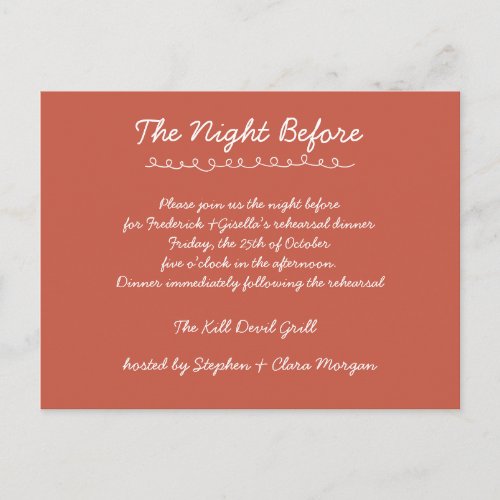 Elegant Handwritten Script Wedding Rehearsal Dinne Postcard