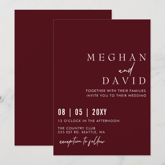 Elegant Handwritten Simple Burgundy Wedding  Invitation (Front/Back)