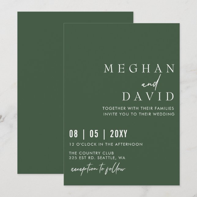 Elegant Handwritten Simple Green Wedding  Invitation (Front/Back)