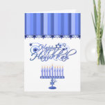 Elegant Hanukkah Greeting Card<br><div class="desc">Elegant Hanukkah greeting card, with lovely graphics of a blue menorah, at the bottom of the card and fancy graphic text reading Happy Hanukkah, in the middle. A blue striped pattern at the top has a blue star border. Inside greeting in blue script text is customizable to read anything you...</div>