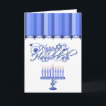 Elegant Hanukkah Greeting Card<br><div class="desc">Elegant Hanukkah greeting card, with lovely graphics of a blue menorah, at the bottom of the card and fancy graphic text reading Happy Hanukkah, in the middle. A blue striped pattern at the top has a blue star border. Inside greeting in blue script text is customizable to read anything you...</div>