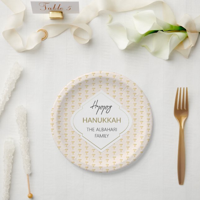 Elegant Hanukkah Holiday Pattern Gold Paper Plates (Wedding)