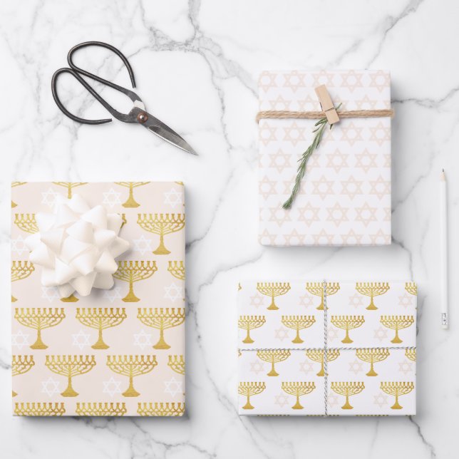 Elegant Hanukkah Holiday Pattern Gold Wrapping Paper Sheets (Front)