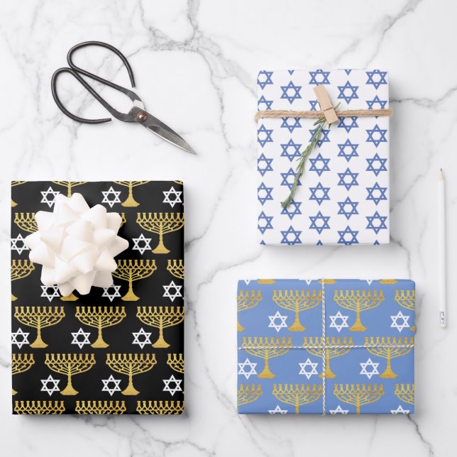 Elegant Hanukkah Holiday Pattern Gold Wrapping Paper Sheets (Front)