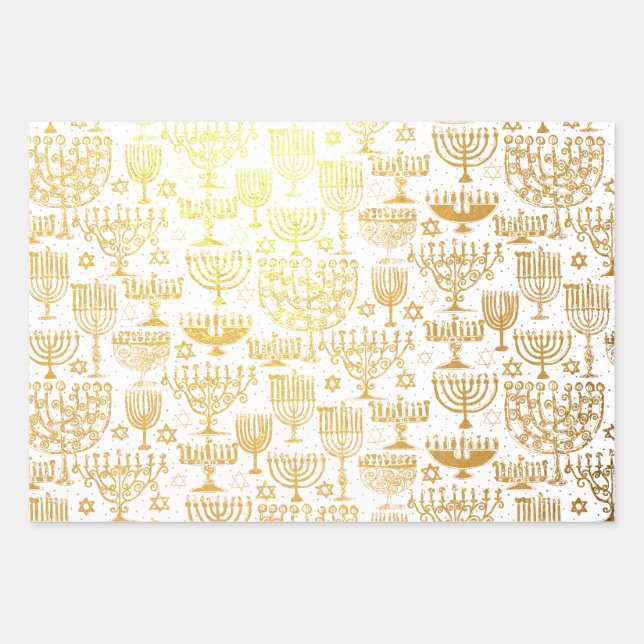 Elegant Hanukkah Menorah Pattern Foil Wrapping Paper Sheets (Front)
