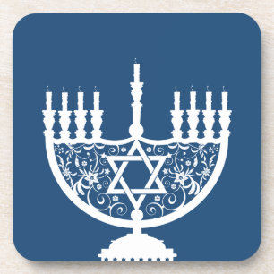 Elegant Hanukkah Menorah with Floral Star of David Beverage Coaster
