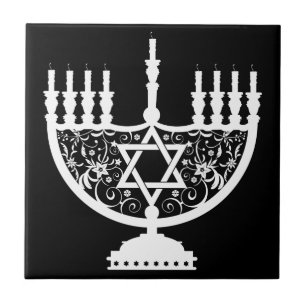 Elegant Hanukkah Menorah with Floral Star of David Ceramic Tile