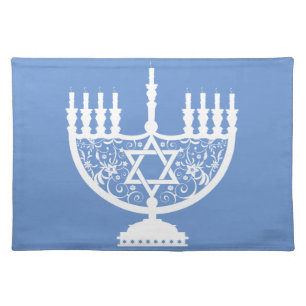 Elegant Hanukkah Menorah with Floral Star of David Cloth Placemat