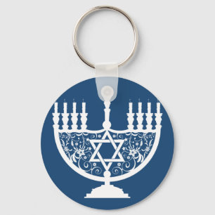 Elegant Hanukkah Menorah with Floral Star of David Keychain