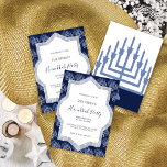 Elegant Hanukkah Party Menorah Pattern Invitation<br><div class="desc">This design draws inspiration from the contrast between day and night,  featuring shades of blue reminiscent of the moon and white like the day.</div>