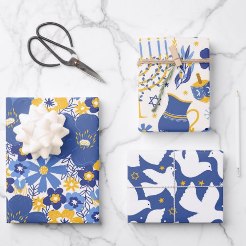 Elegant Hanukkah Pattern Yellow and Blue Gift Wrapping Paper Sheets
