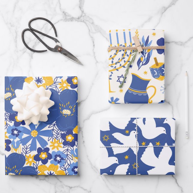 Elegant Hanukkah Pattern Yellow and Blue Gift Wrapping Paper Sheets (Front)
