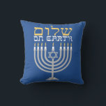 Elegant Hanukkah Shalom Peace on Earth Throw Pillow<br><div class="desc">Elegant Hanukkah Shalom Peace on Earth Holiday Throw Pillow in festive blue with a silver menorah and gold and white lettering. Easy to customize with text, fonts, and colors. Created by Zazzle pro designer BK Thompson exclusively for Kate’s Creations; please contact us if you need assistance, have questions, or would...</div>