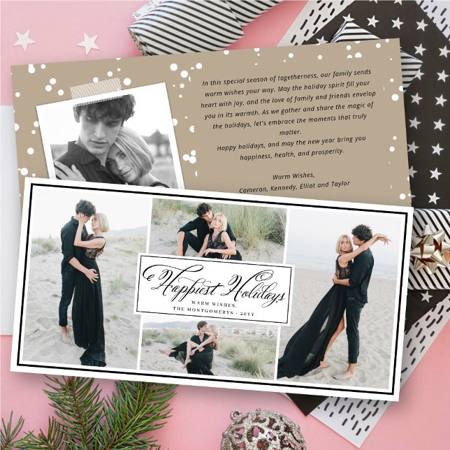 Elegant Happiest Holidays Fancy Script 4 Photo Holiday Card (Creator Uploaded)