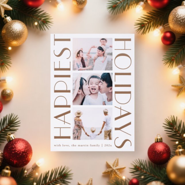 Elegant Happiest Holidays Three Photo Letterpress Photo Cards (Insitu)