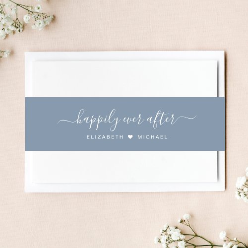 Elegant Happily Ever After Dusty Blue Wedding Invitation Belly Band