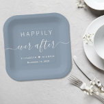 Elegant Happily Ever After Dusty Blue Wedding Paper Plates<br><div class="desc">Elegant dusty blue paper plates for your wedding reception,  engagement parties,  rehearsal dinner,  couples showers and other wedding celebrations featuring "Happily Ever After" in simple white typography and a chic white script with swashes,  your first names joined by a heart and your wedding date.</div>