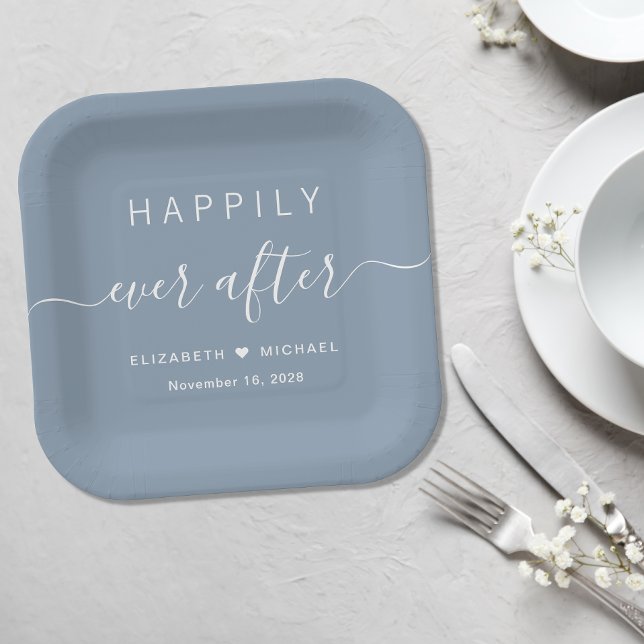 Elegant Happily Ever After Dusty Blue Wedding Paper Plates (Creator Uploaded)