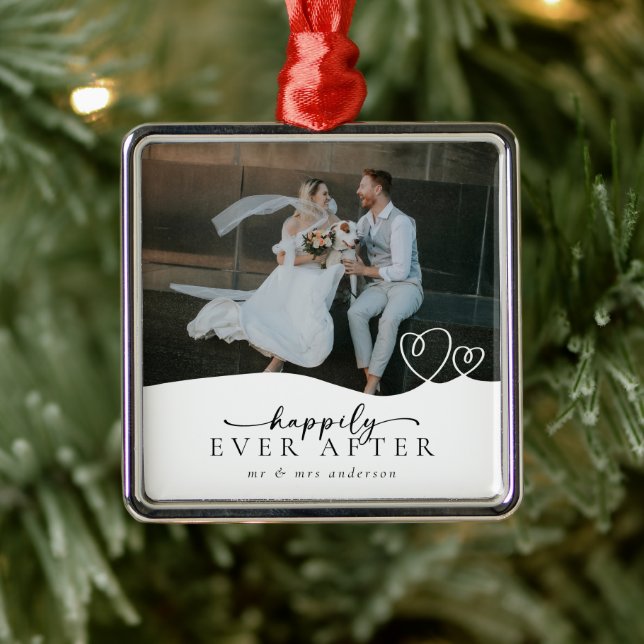 Elegant Happily Ever After Script Photo Wedding Metal Ornament (Tree)