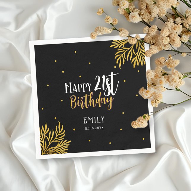 Elegant Happy 21st Birthday Gold Foliage Party Napkins (Creator Uploaded)