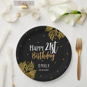 Elegant Happy 21st Birthday Gold Foliage Party Paper Plates
