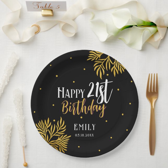 Elegant Happy 21st Birthday Gold Foliage Party Paper Plates (Wedding)