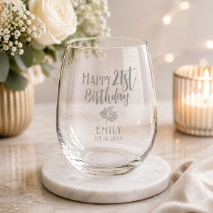 Elegant Happy 21st Birthday Gold Foliage Party Stemless Wine Glass