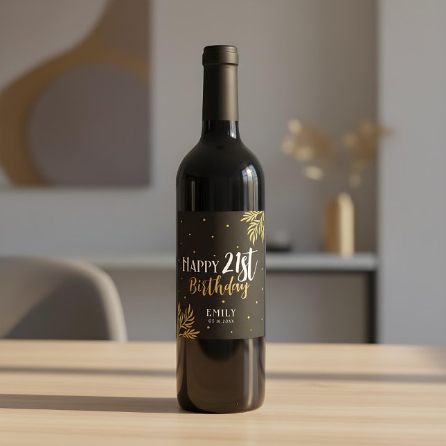 Elegant Happy 21st Birthday Gold Foliage Party Wine Label (Creator Uploaded)