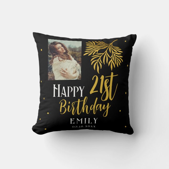 Elegant Happy 21st Birthday Gold Foliage Photo Throw Pillow (Front)