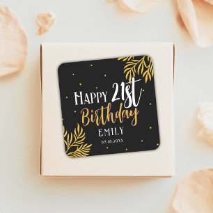 Elegant Happy 21st Birthday Gold Foliage Square Sticker