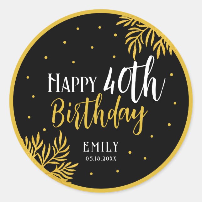 Elegant Happy 40th Birthday Gold Foliage Party Classic Round Sticker (Front)