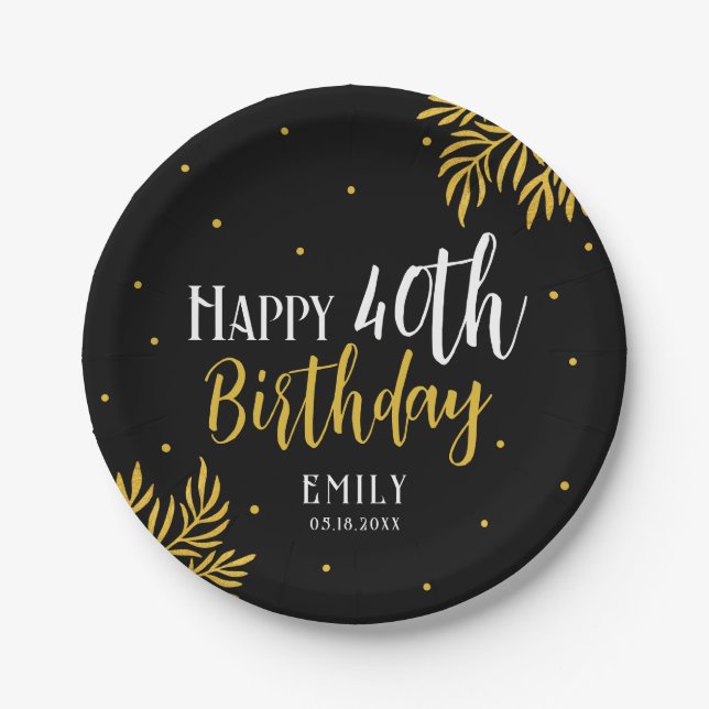 Elegant Happy 40th Birthday Gold Foliage Party Paper Plates (Front)