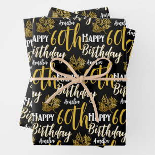 Elegant Happy 60th Birthday Black Gold Foliage Wrapping Paper Sheets