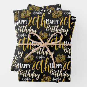 Elegant Happy 80th Birthday Black Gold Foliage Wrapping Paper Sheets