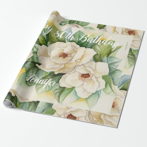 Elegant Happy 80th Birthday Floral Magnolia Name Wrapping Paper