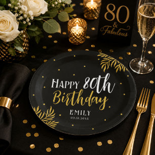 Elegant Happy 80th Birthday Gold Foliage Party Paper Plates