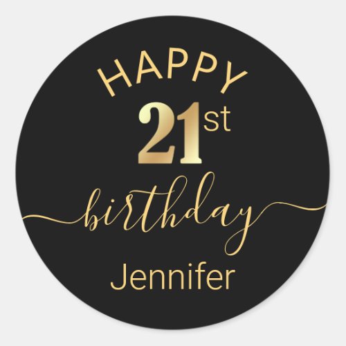 elegant happy birthday 21st gold black minimalist classic round sticker