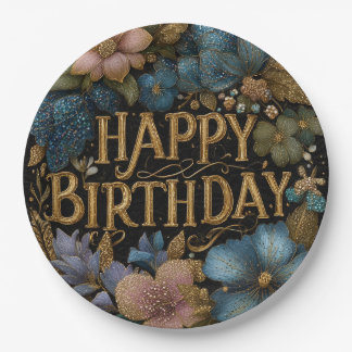 Elegant Happy Birthday greeting with golden text Paper Plates
