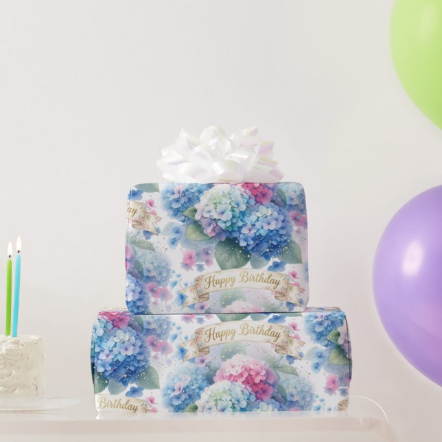 Elegant Happy Birthday Hydrangea Floral  Wrapping Paper (Party Gifts)