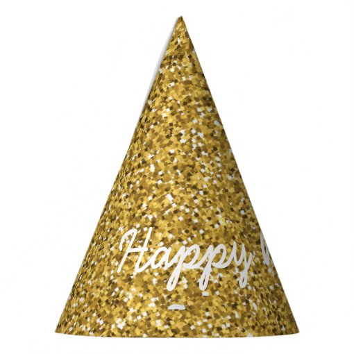 Elegant Happy Birthday in Faux Gold Glitters Party Hat | Zazzle