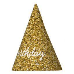 Elegant Happy Birthday in Faux Gold Glitters Party Hat | Zazzle